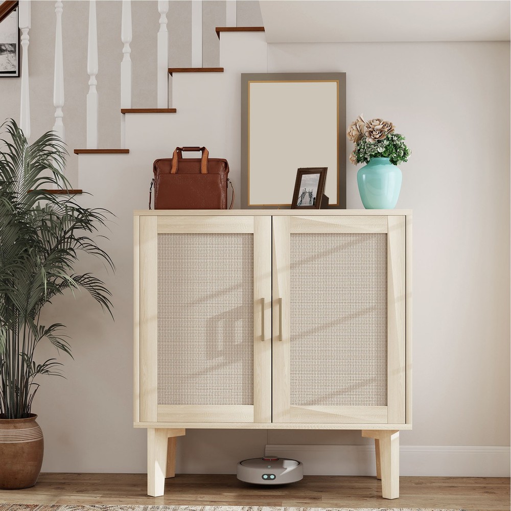 Buffet Cabinet With Rattan Decor Doors Solid Wood Feet Multifunctional PHPF