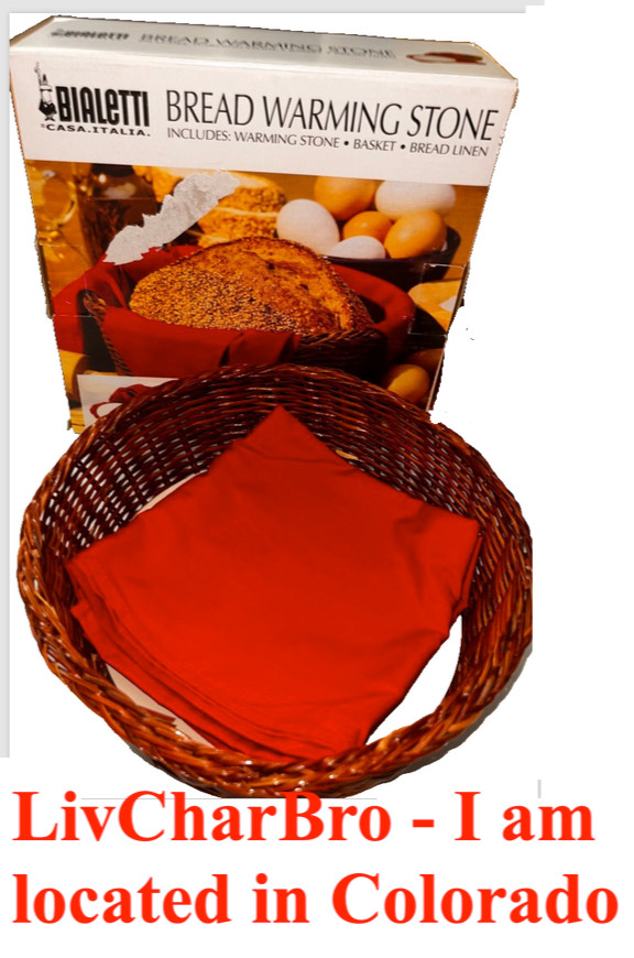 Bialetti Bread Warming Stone With Wicker Basket and Red Bread Linen