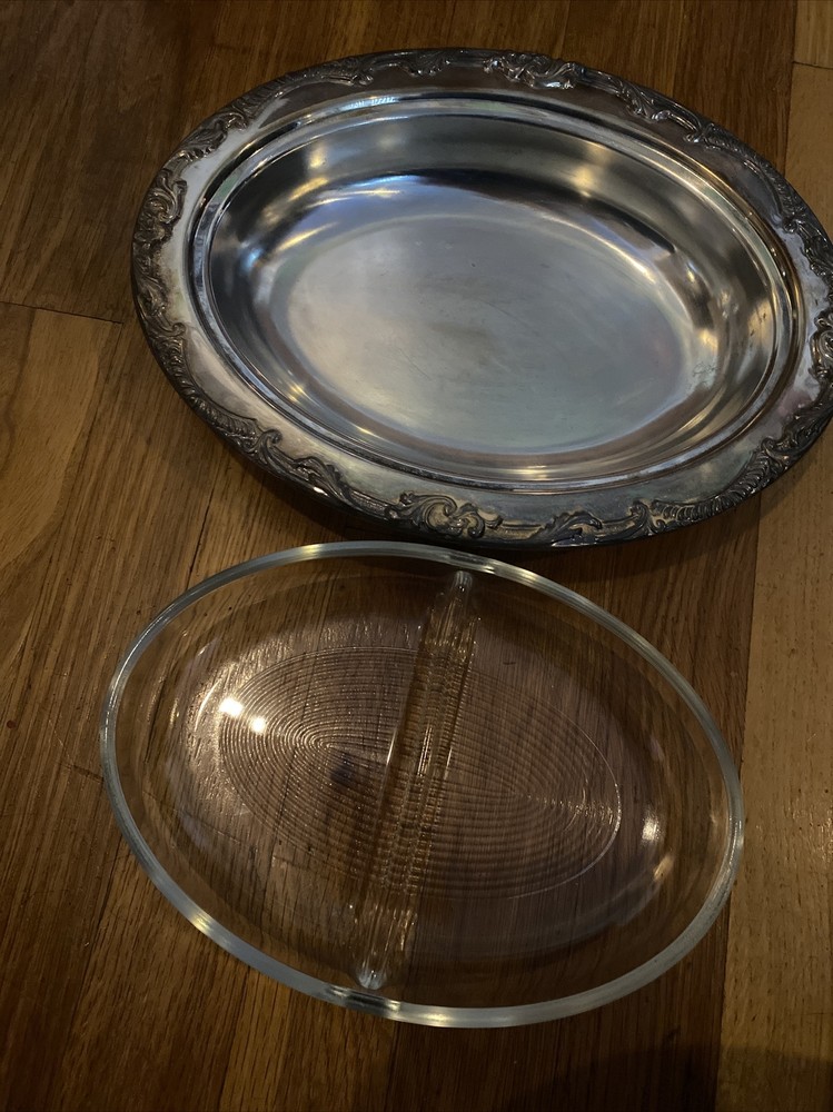 Vintage Silver Plated Serving Dish With Glass Insert 11.5 Inch