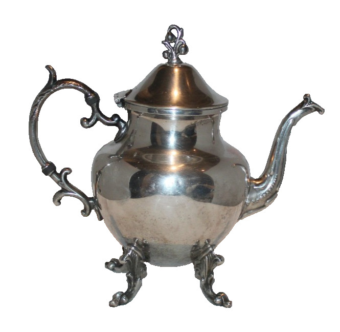 VTG Birmingham Silver Co silver on copper silverplated ornate teapot 4 legs