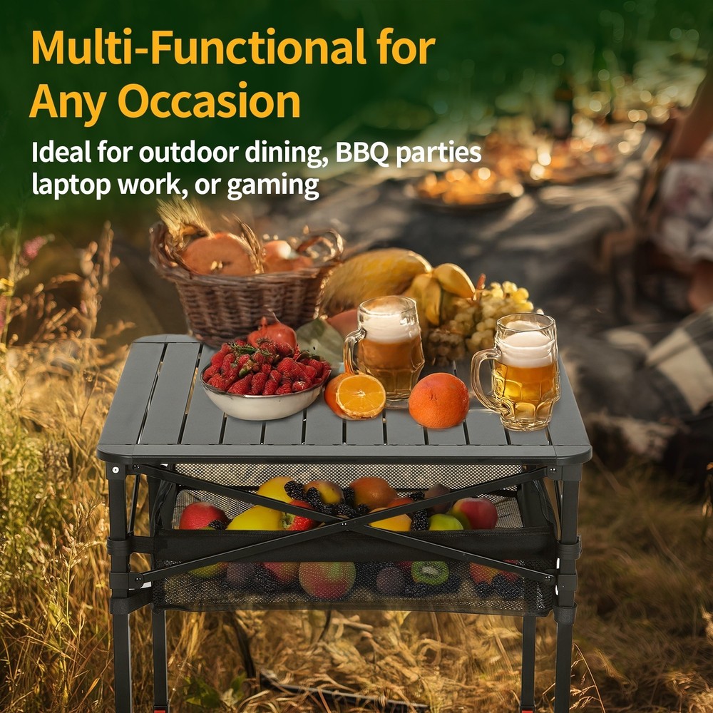 Portable Folding Camping Table with Adjustable Height Roll-Up Top & Carry Bag