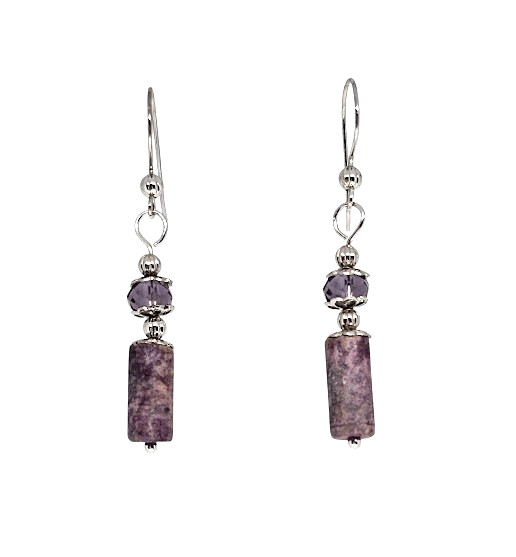 Purple Lepidolite Gemstone Beaded Handmade Silver Dangle Boho Earrings