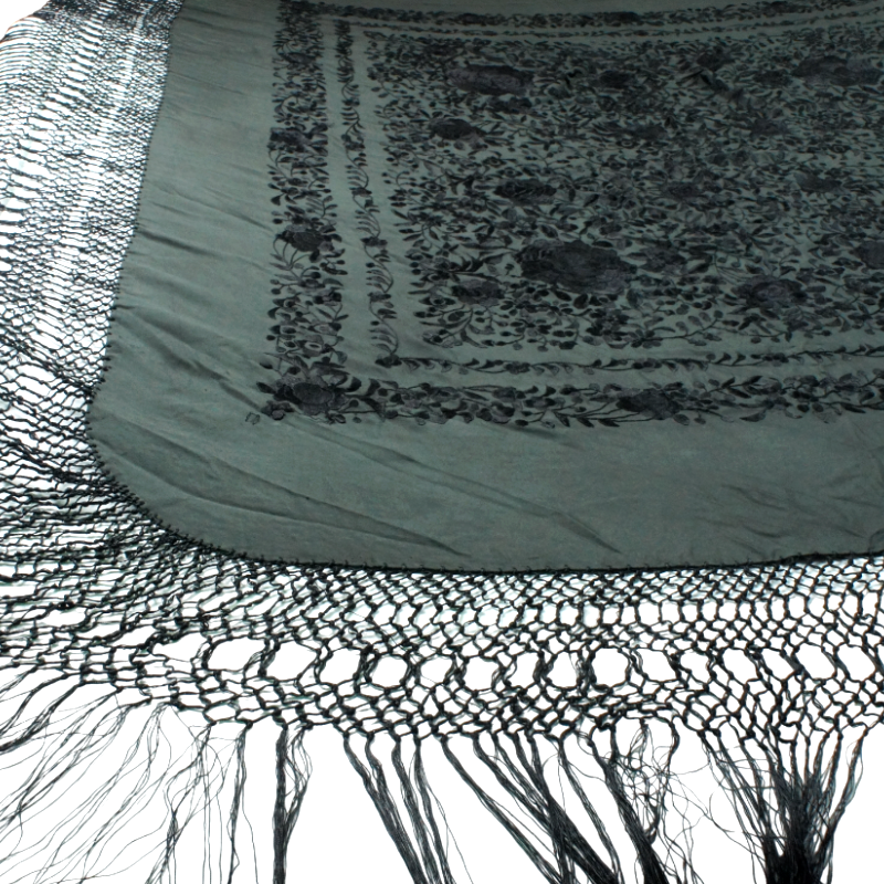 Antique Silk Shawl Wrap Piano Scarf HAND EMBROIDERED FLORAL WITH FRINGE 51"inch