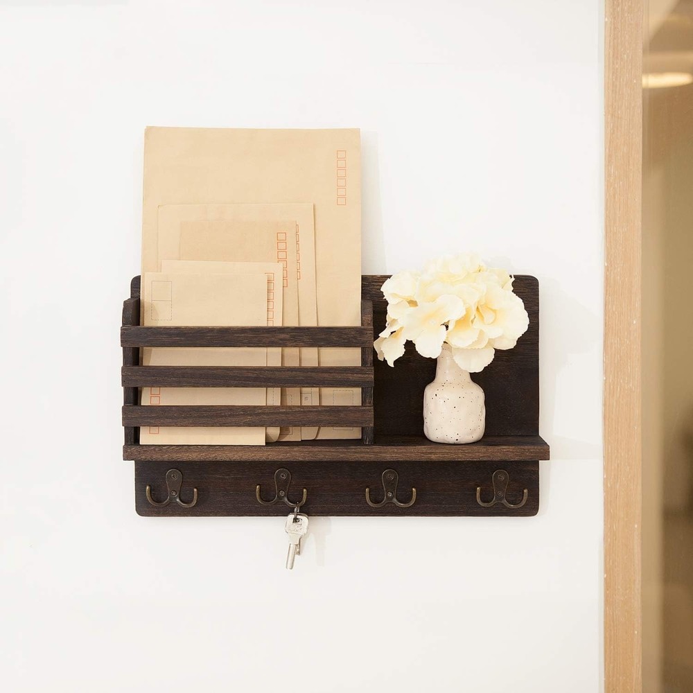 Wooden Wall Mount Mail Organizer with Hooks Rustic Key Holder Shelf Entryway