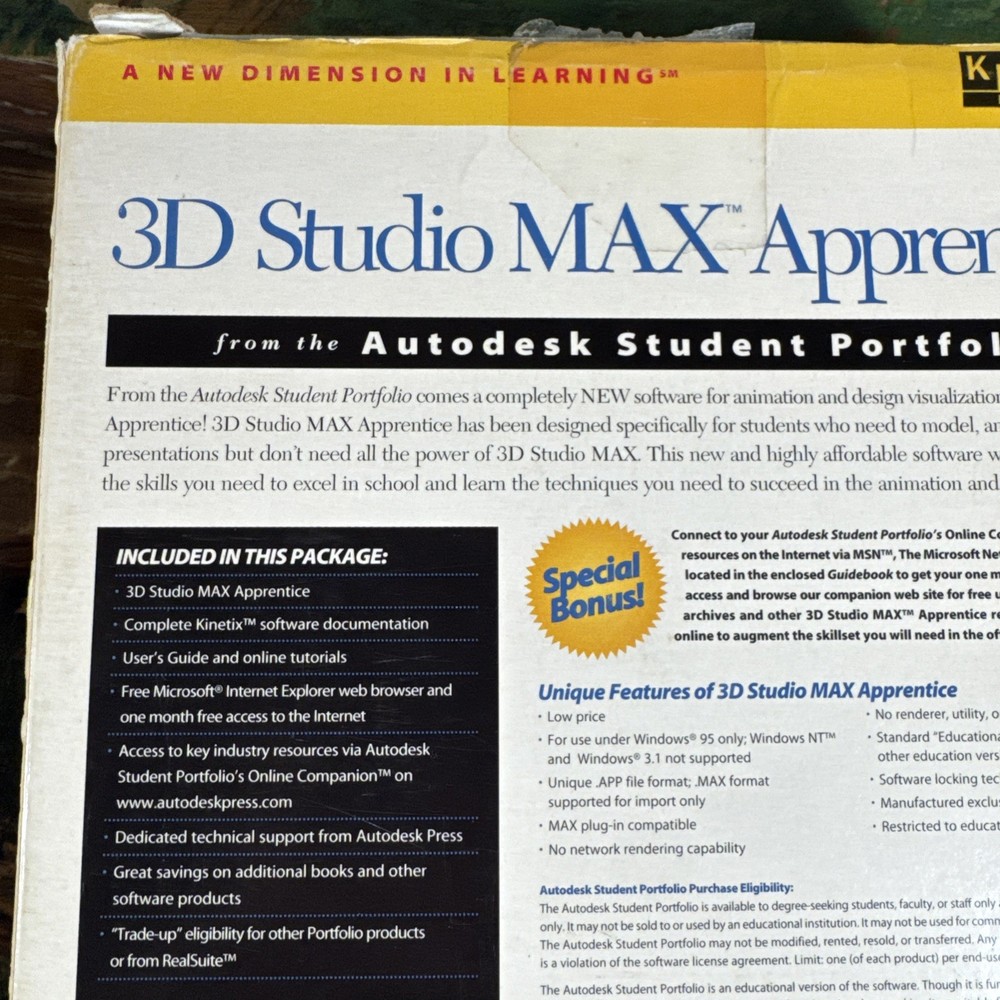 3D Studio Max Apprentice W/ User Guide Vintage 90s Programing Software 1995