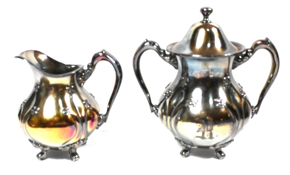 ANTIQUE QUEEN CITY SILVER 4-PC COFFEE TEA SERVICE SET Silverplate Fleur-de-lis