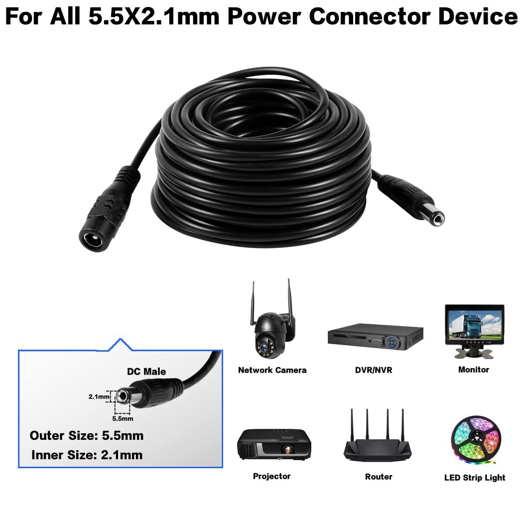 15/30/50ft 5.5mmx2.1mm 12V DC Power Extension Cable for Security CCTV Camera