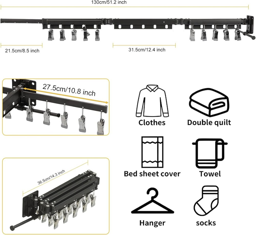BESy Wall Mounted Laundry Clothes Drying Rack Foldable for Hanging Clothes Upgra