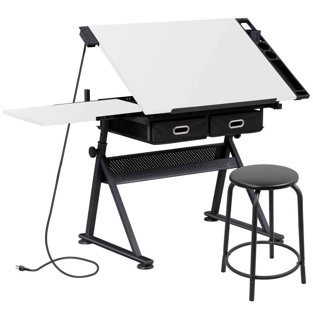 White Drafting Table & Stool Se Adjustable Height W/ Drawers & Charge Station