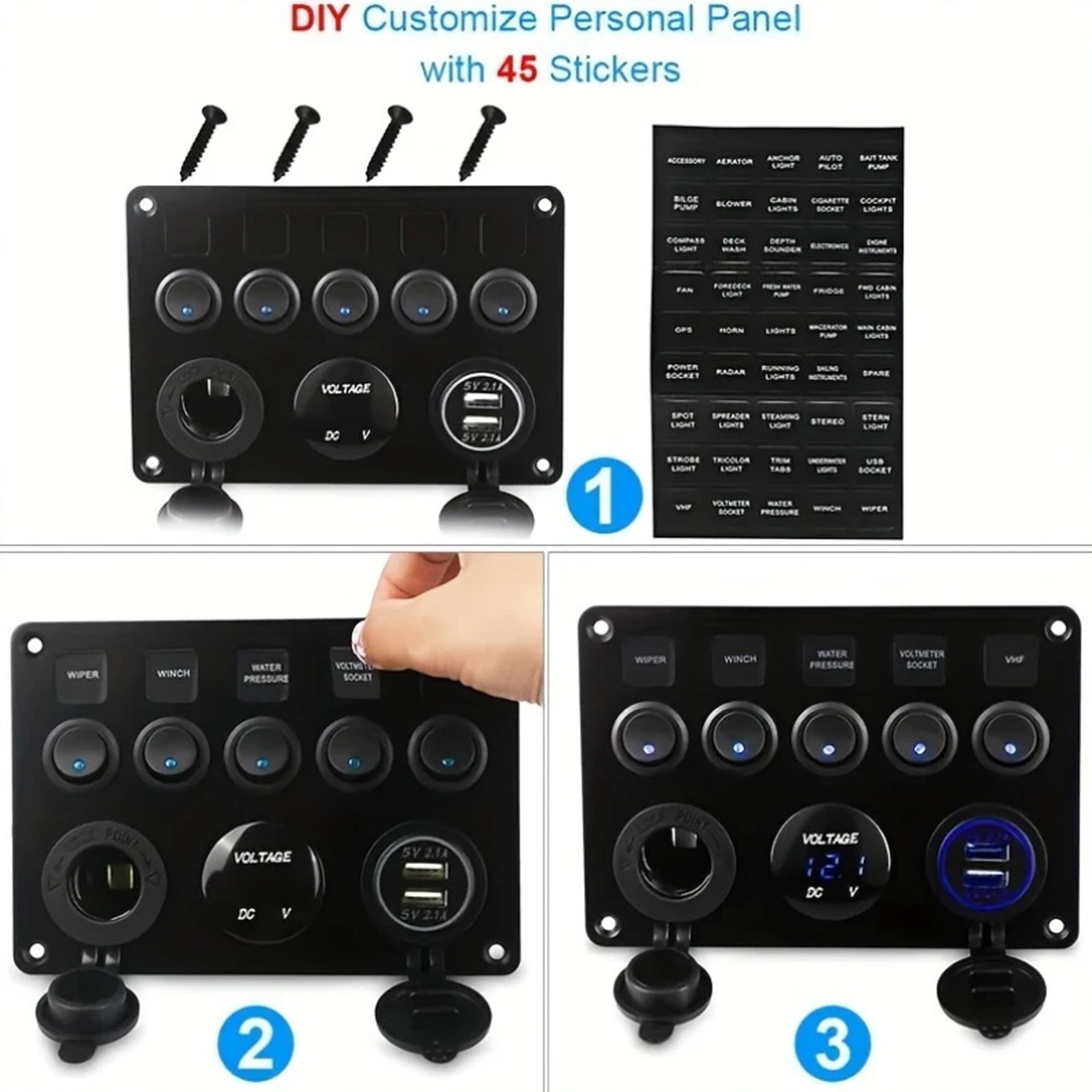 5-Switch 12V Electrical Panel - Voltmeter, Dual USB for RV, Truck & Boat