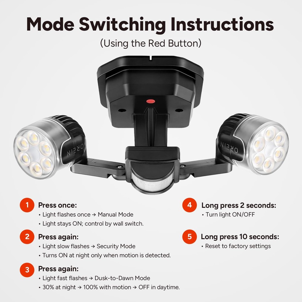 OREiN Motion Sensor Outdoor Security Light, Adjustable 2 Heads, Black