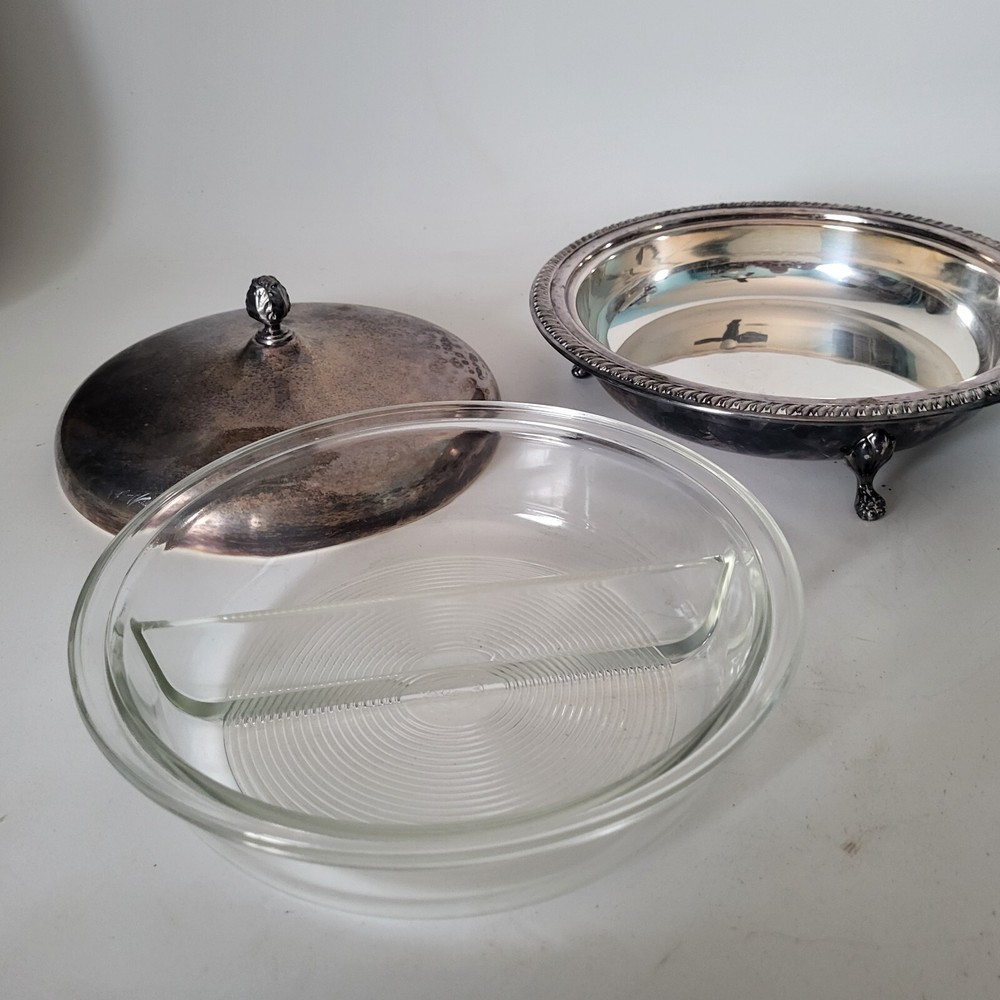 Vintage Sheffield Silver Plated Partitioned Dish w/ Glass Pyrex Insert dual Rare
