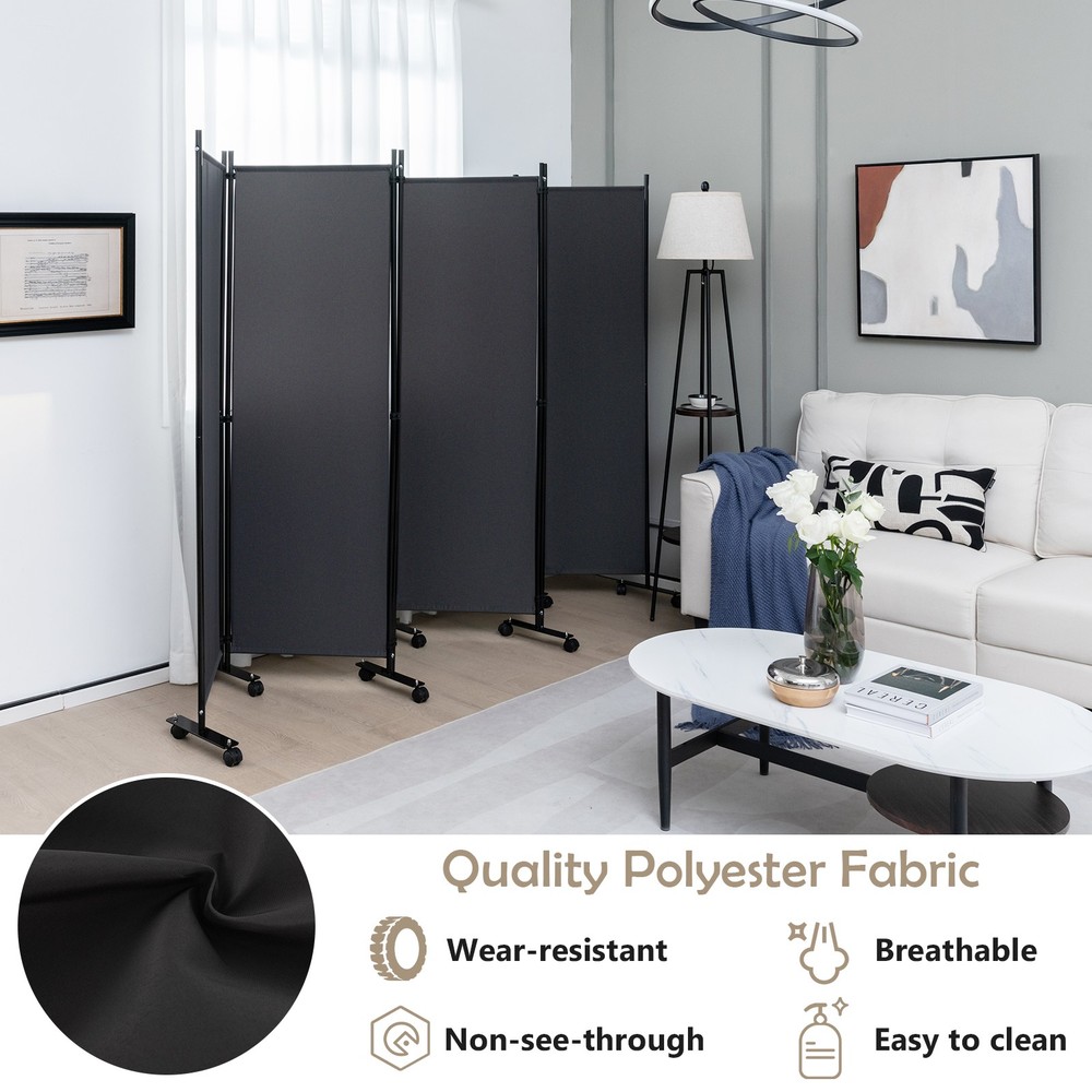 6-Panel Folding Room Divider 6' Rolling Privacy Screen w/ Lockable Wheels Grey