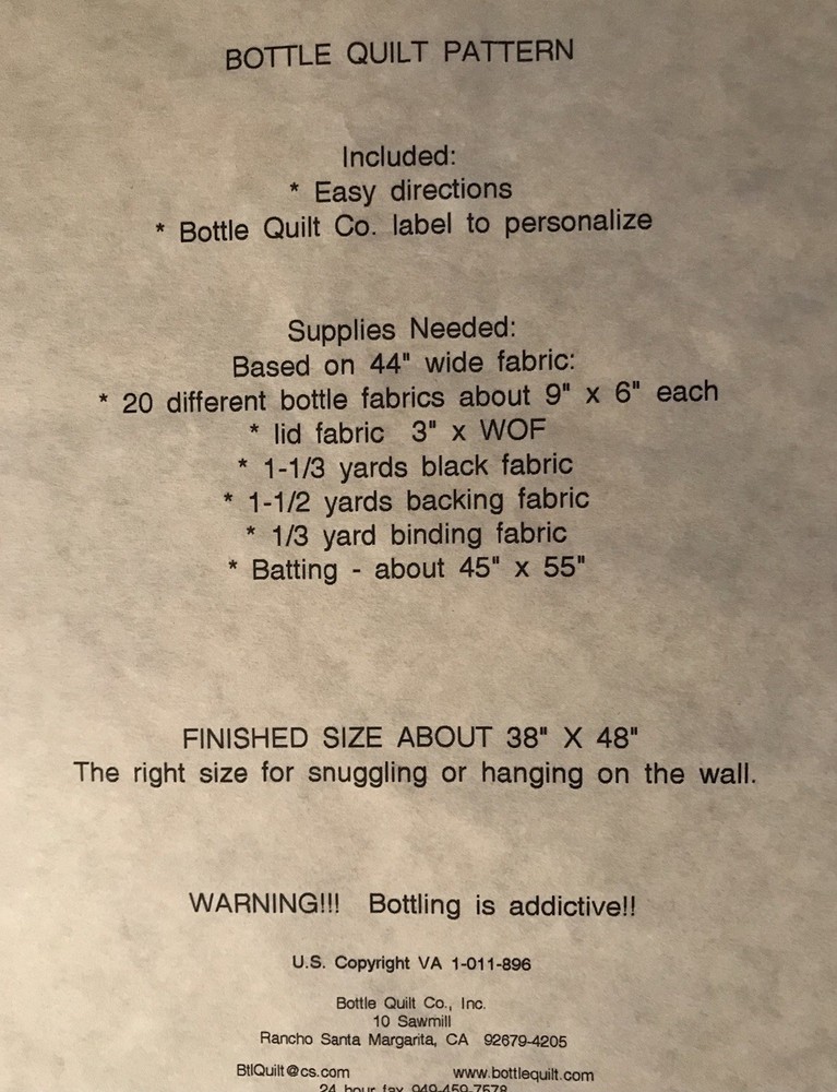 Quilt Pattern “Bottles” 38”x48”