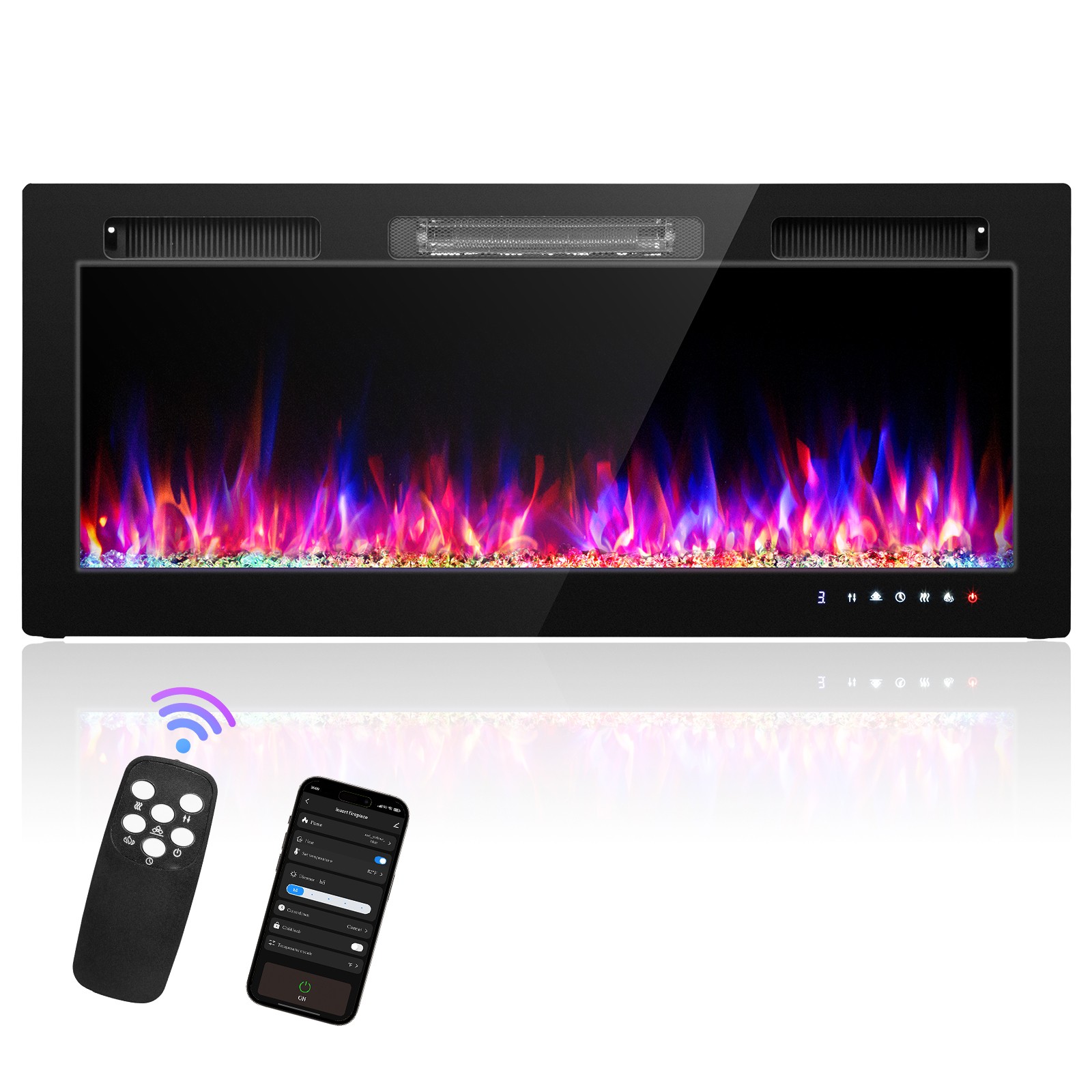 42" Electric Fireplace Insert Wall-Mount Heater 1500W Remote Control & WIFI