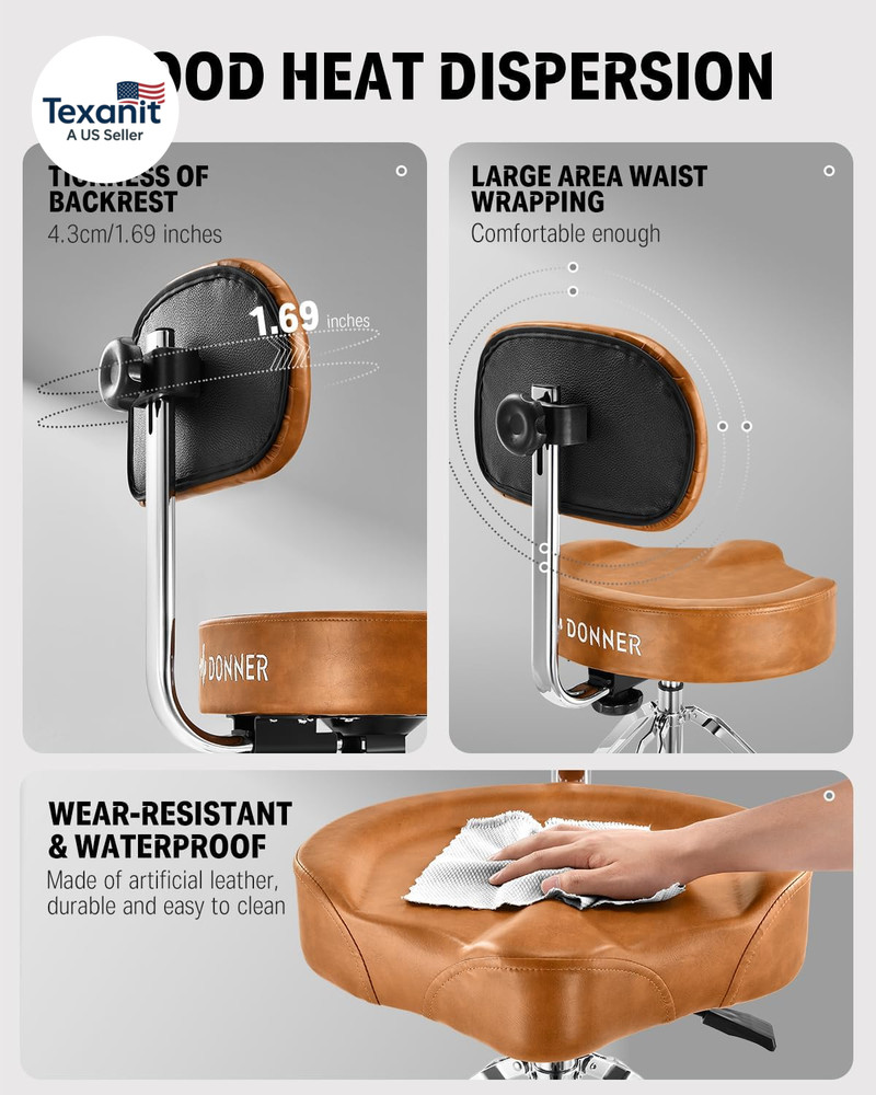 Drum Throne with Backrest, Heavy Duty Hydraulic Drum Stool Height Adjustable Mot