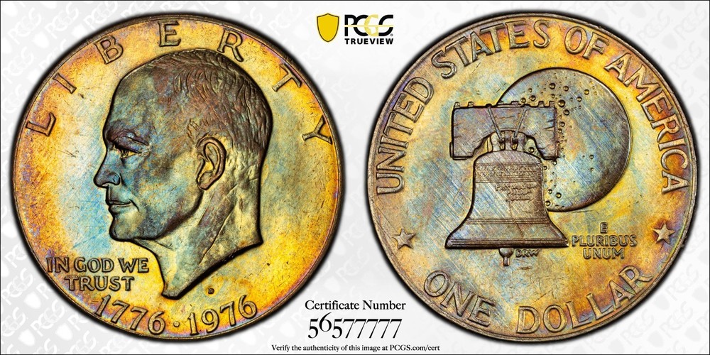 1976-D PCGS MS63 Type 2  Eisenhower $1 , Breathtaking Rainbow Toning!