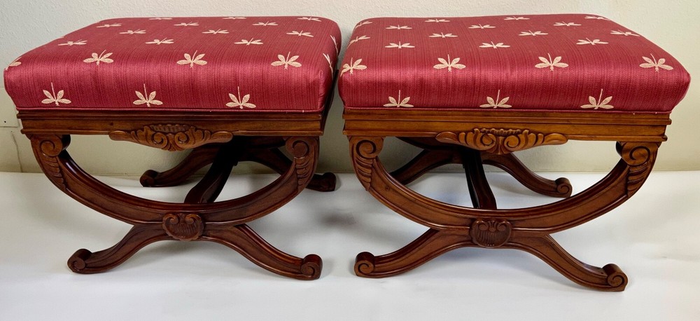 Empire Cross Stretcher Carved Walnut Ottoman / Stool
