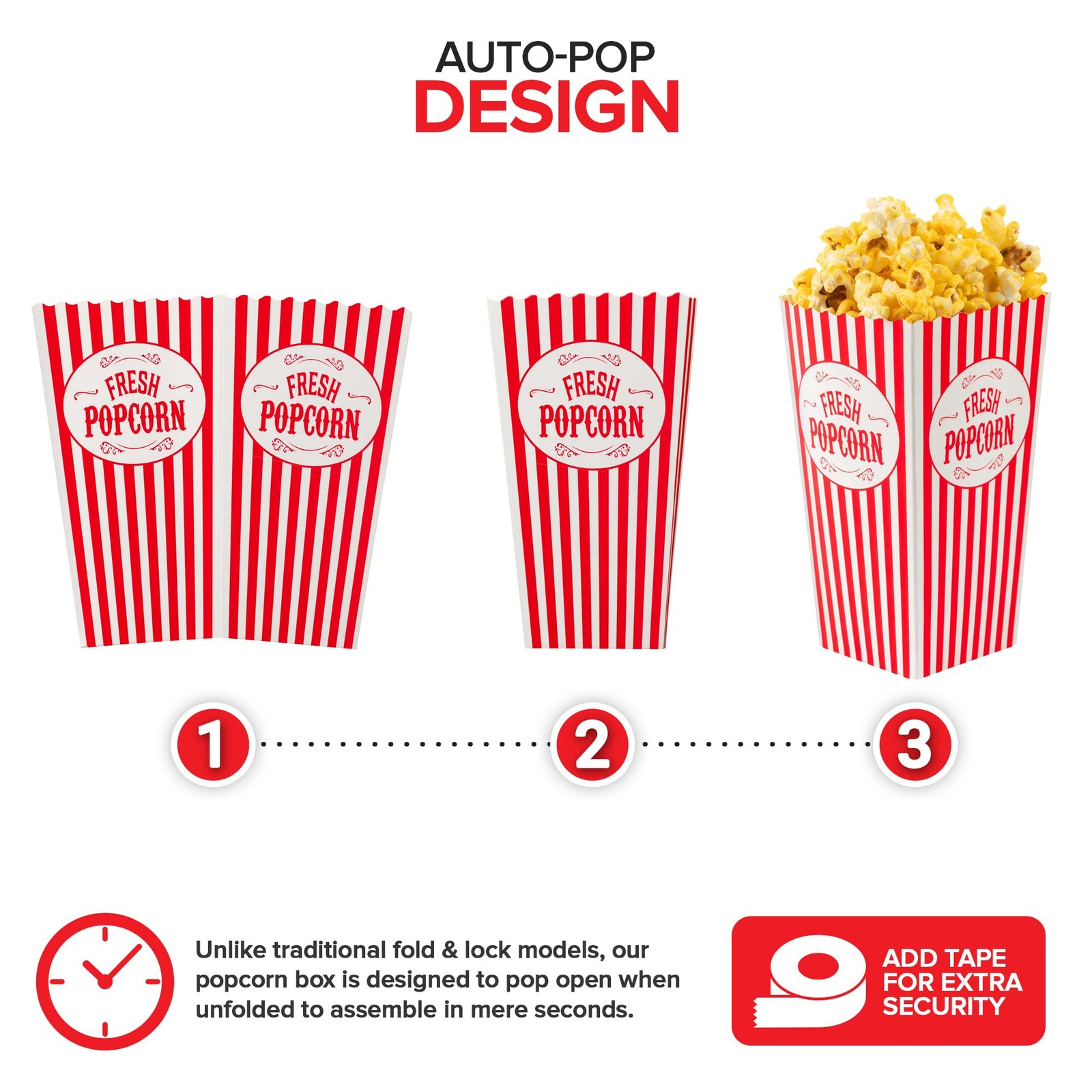 [50 Pack] Movie Theater Popcorn Boxes Disposable Red & White Striped - 30 oz