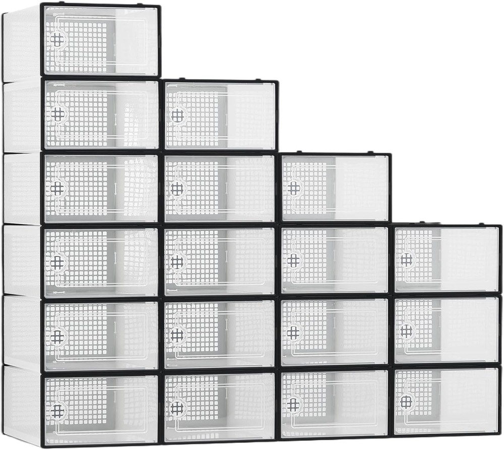 18 Pack Clear Shoe Boxes Stackable Plastic Shoe Storage Organizer w/ Door