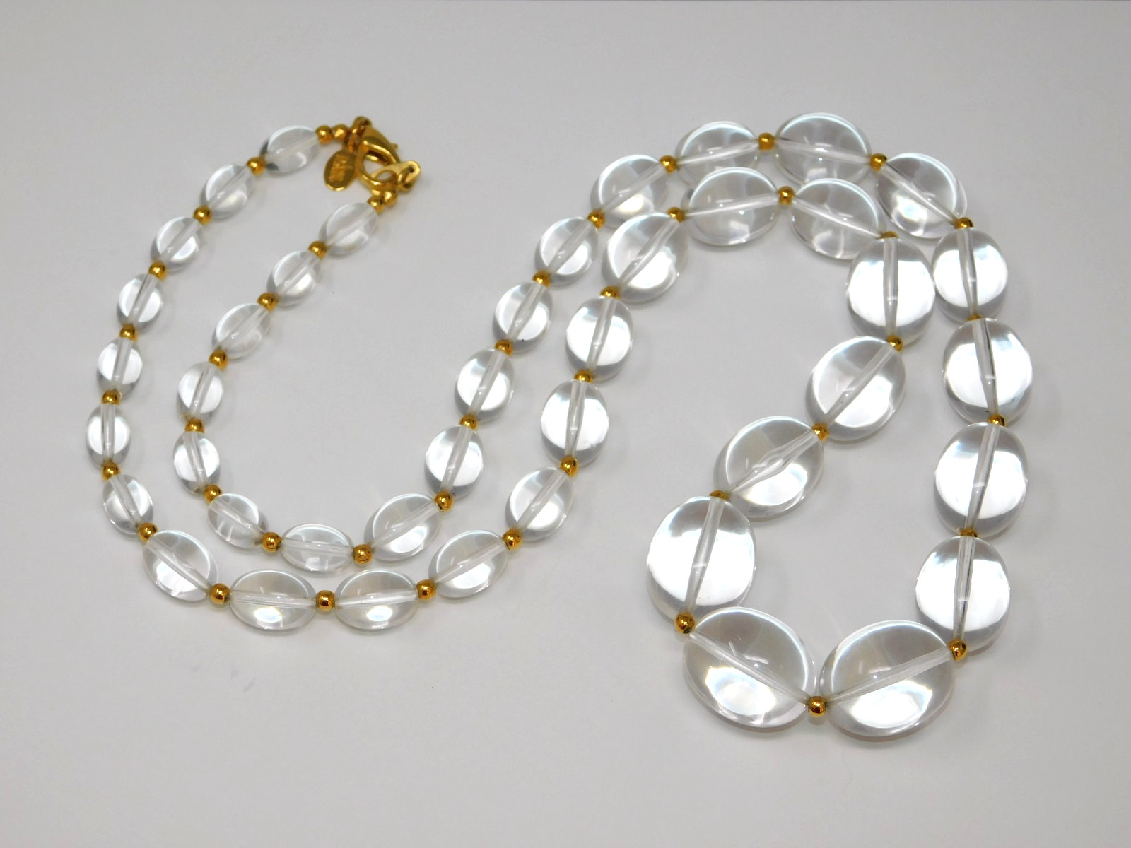 Vintage JOAN RIVERS Clear Lucite Graduated Bead Necklace w/ Gold Tone Spacers