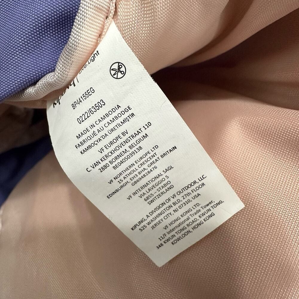 Kipling Live Light Backpack Solid Purple Multiple Padded Straps Zip Compartments