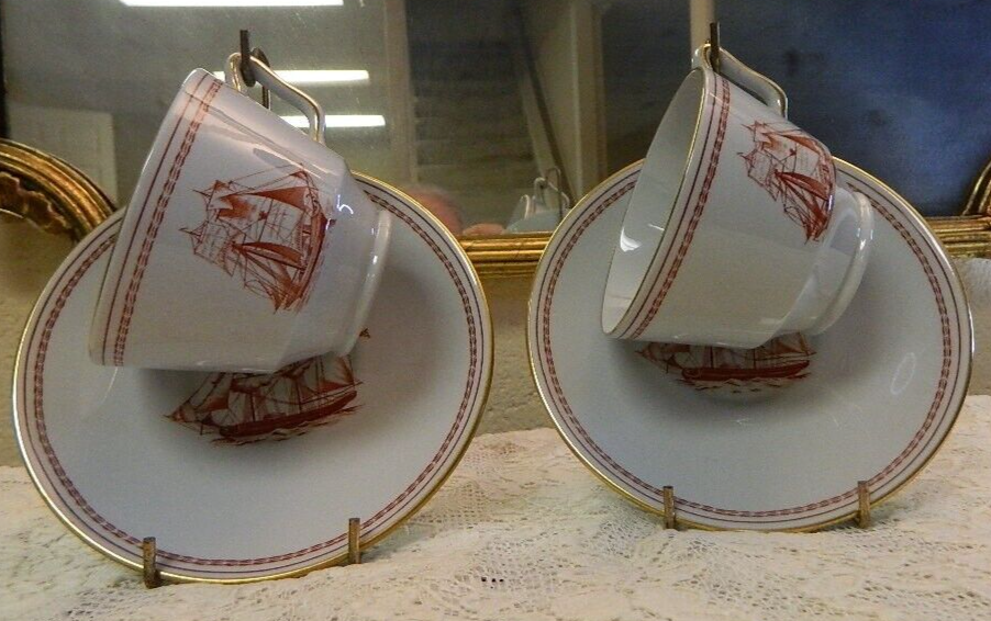 Spode Trade Winds Red Sailing Ship Footed Cup & Saucer 4 Pc. Set