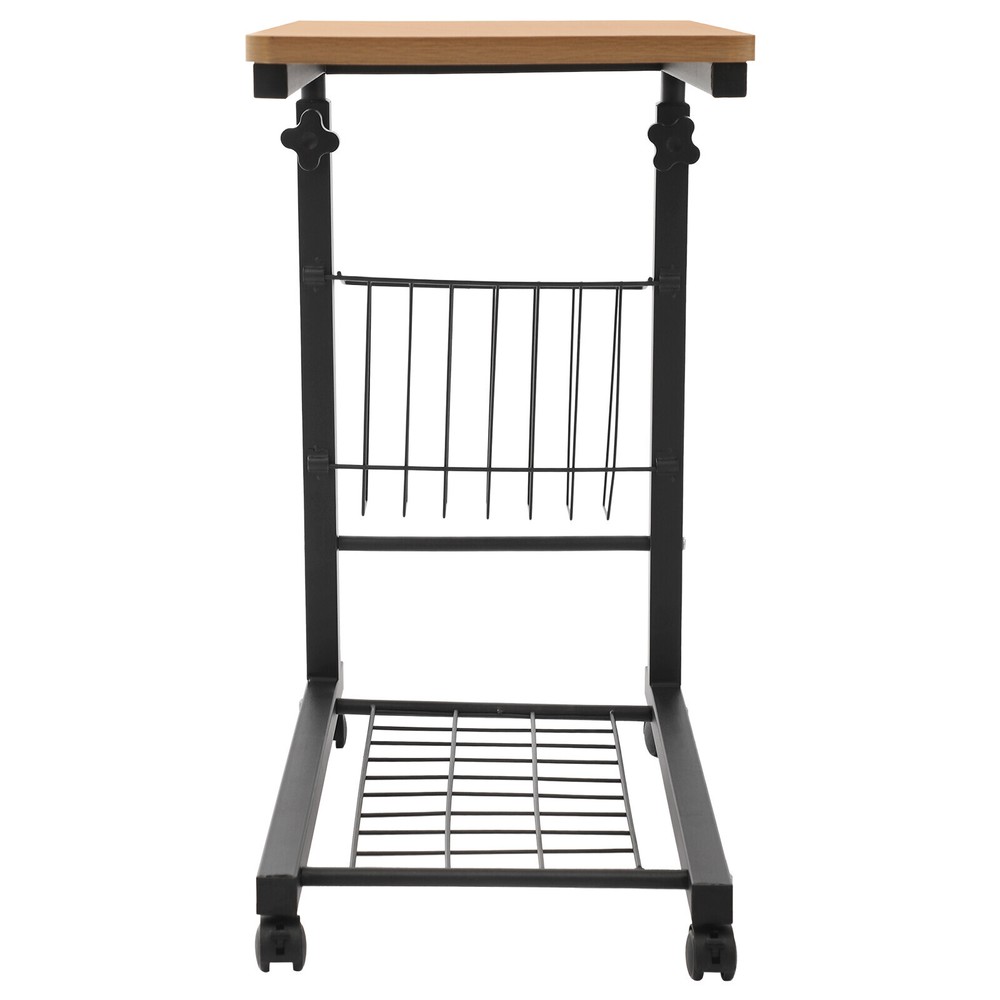 Height-Adjustable Teak Side Table with Wheels - 2 Tiers for Easy Storage