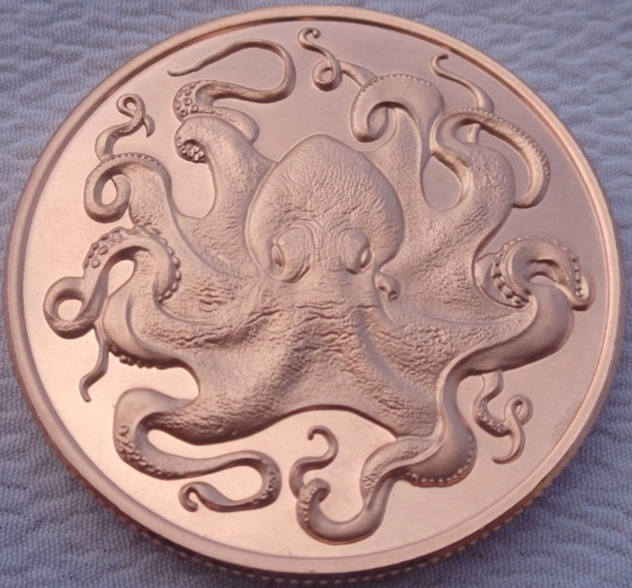 1 oz. CURIOUS OCTOPUS .999 fine copper round