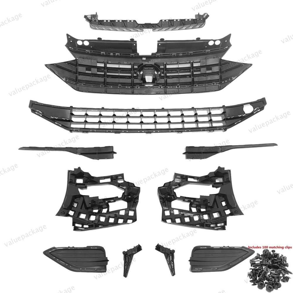 11PC For Jetta 2019-2021 Upper Lower Grille Mesh Bumper Retainer Support Bracket