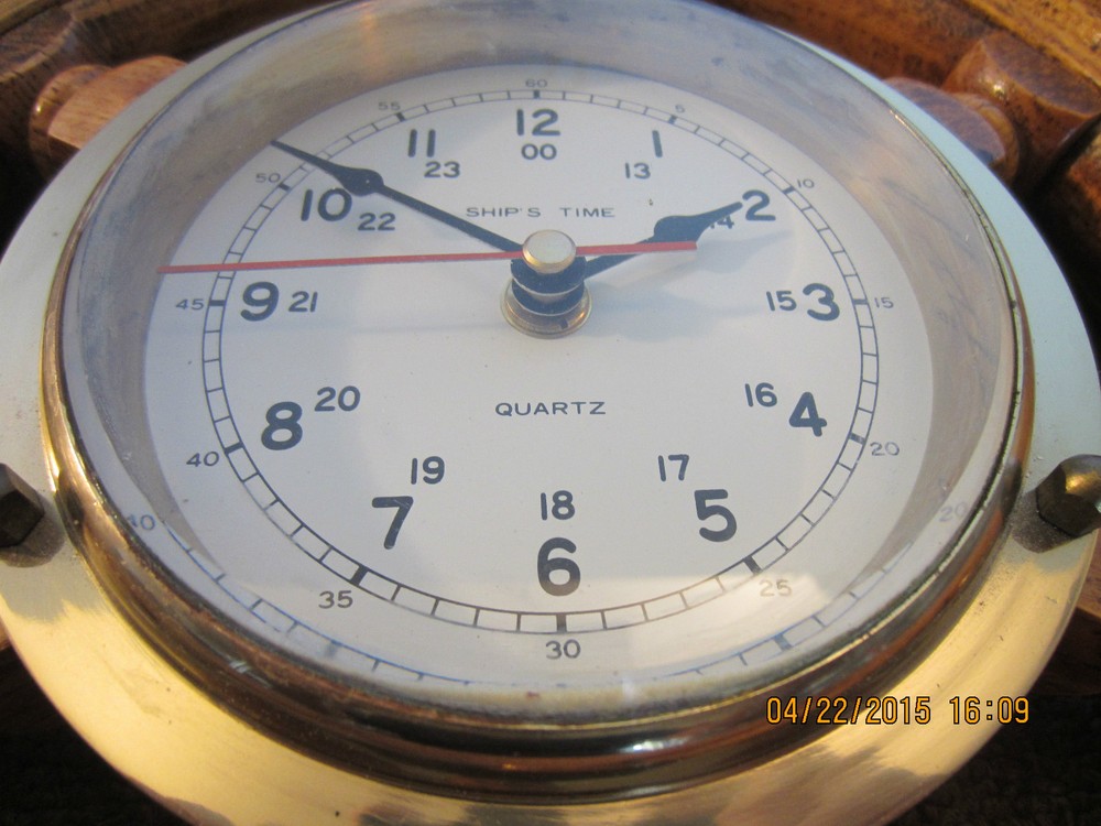 NAUTICAL, OAK SHIP'S WHEEL, WITH BRASS CLOCK