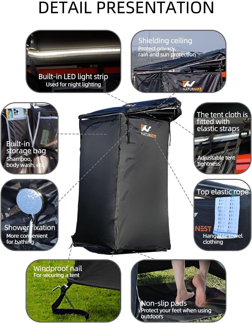 Naturnest Car Camping Shower Tent Overland Shower Awning with Roof LED Floor Mat