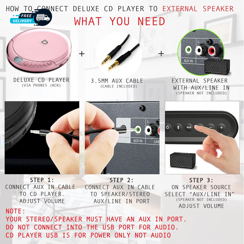 CD Player Portable with 60 Second anti Skip, Stereo Earbuds, Includes Cable