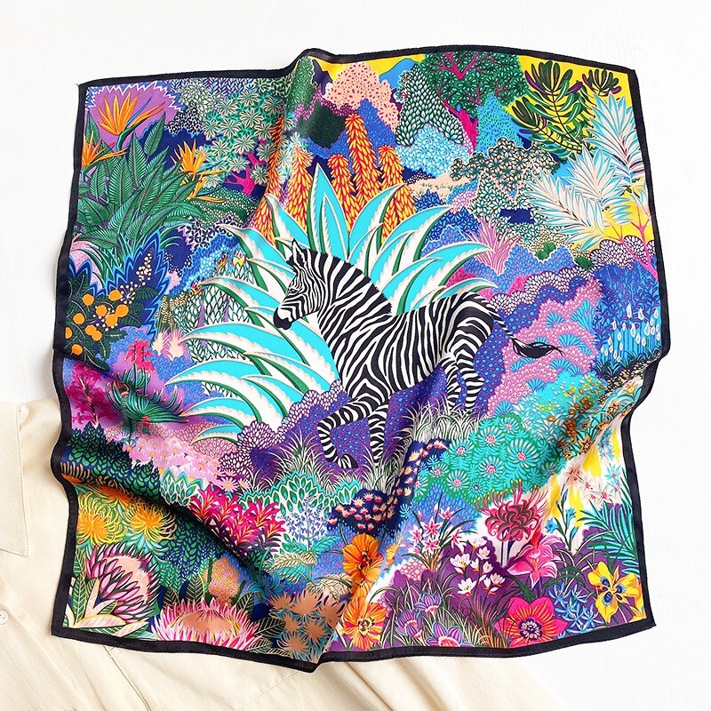 100% Mulberry Silk 20" square Scarf Women neckerchief Wrap Forest Jungle Zebra