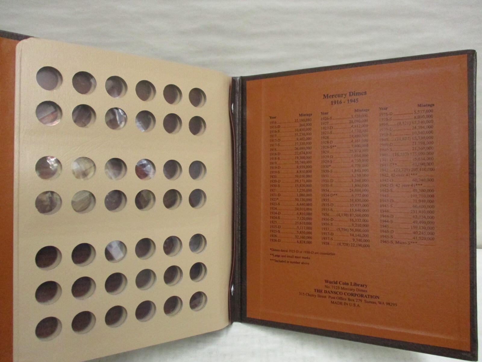 Dansco Coin Album #7123 Mercury Dimes 1916-1945 No Proofs 2-Page Album
