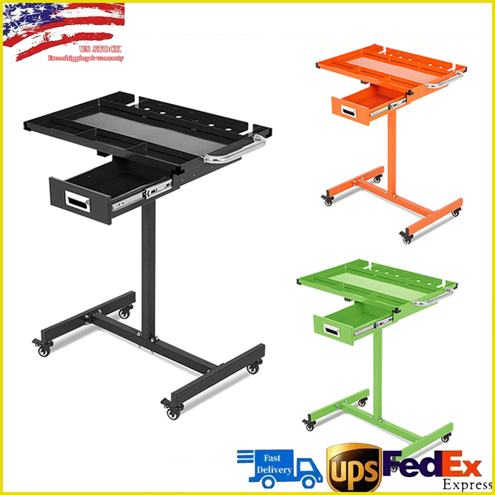 Rolling Tool Tray with Wheels Adjustable Height Mobile Work Table 220Lb Capacity