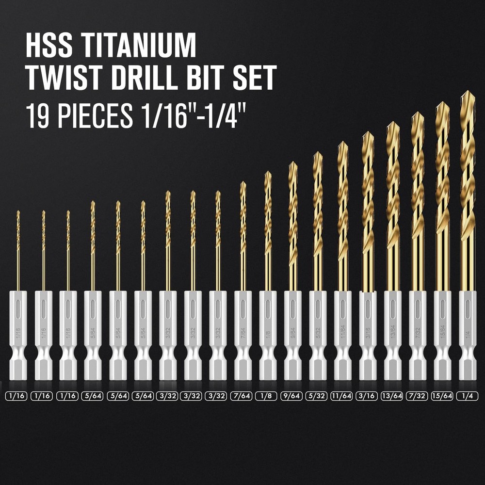 Hex Shank Drill Bit Set, 19Pcs Titanium Twist for Sheet Metal,...
