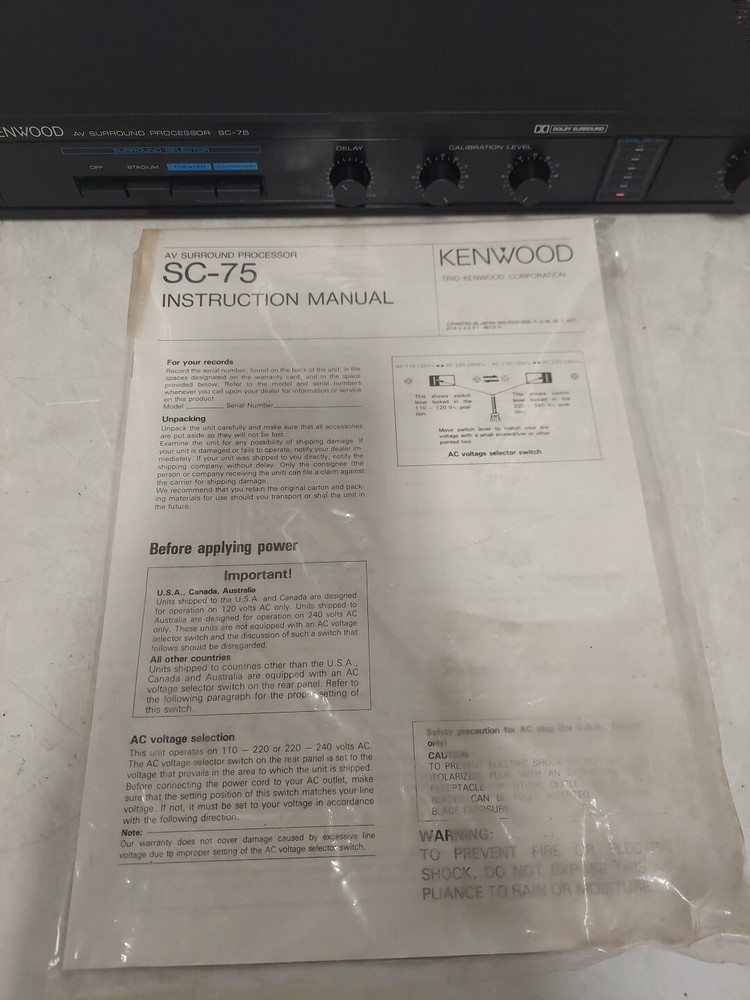 Kenwood SC-75 AV Surround Processor Dolby Amplifier *Read Description* #2110