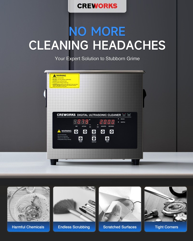 CREWORKS 3L Ultrasonic Cleaner with Control Panel 1-30 min. Timer & Degas Mode