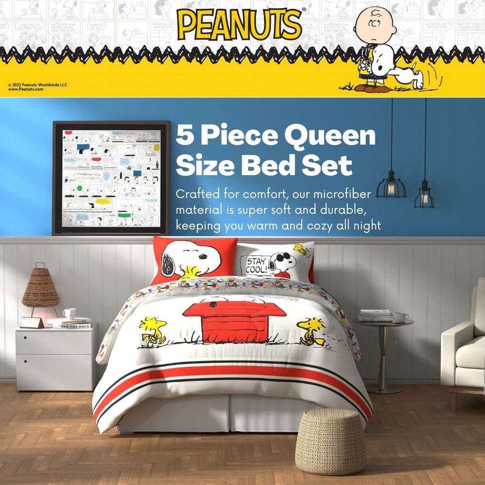 Peanuts Snoopy 5 Piece Queen Size Bedding Set Reversible Comforter Sheets