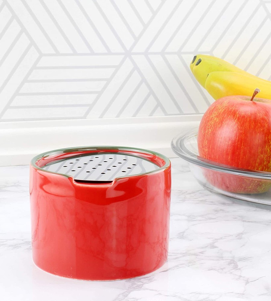 Fruit Fly Traps 2pk; Empty Ceramic Red Fly Gnat Catchers w/ Vented Lids