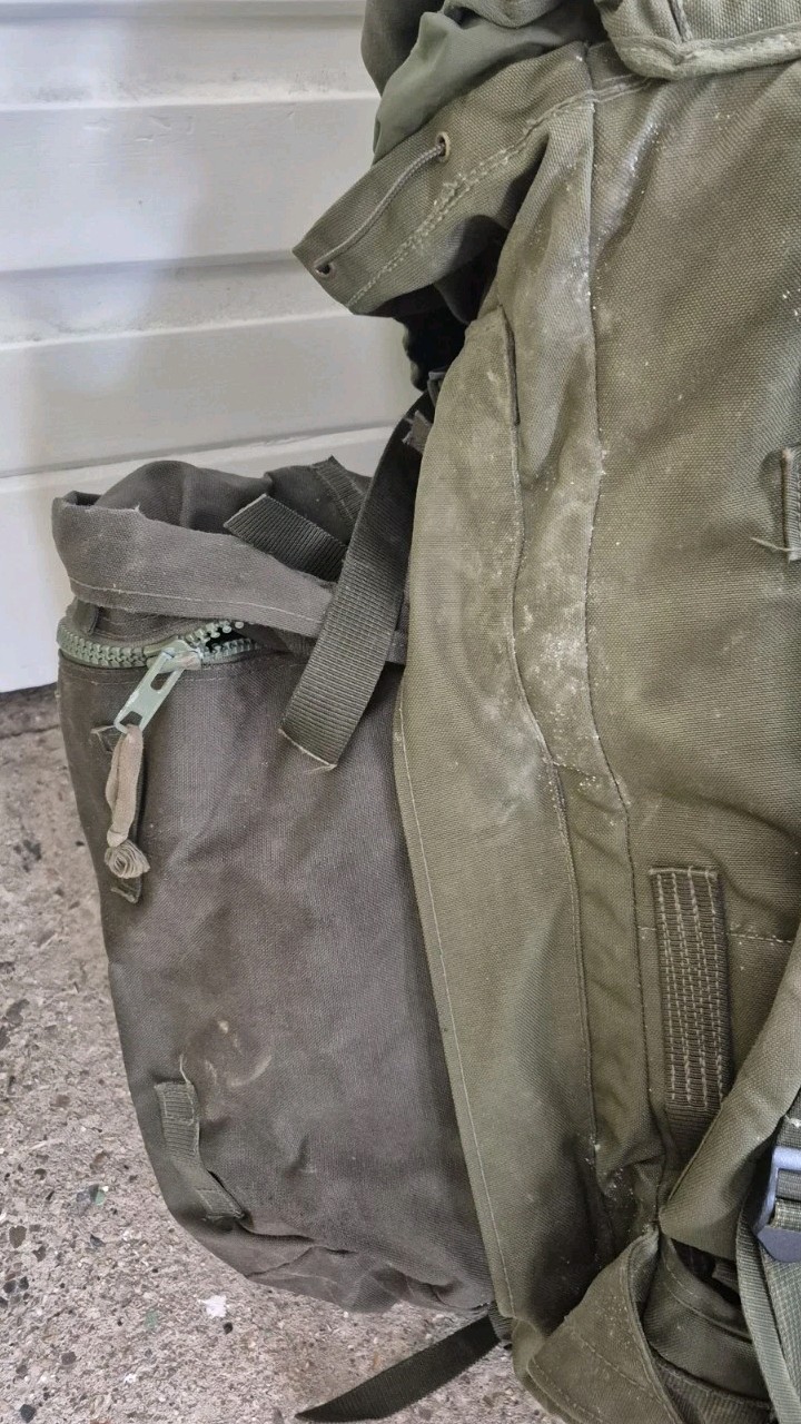 Genuine British Army 120L Bergen Olive Long Back + Side pouches 1990