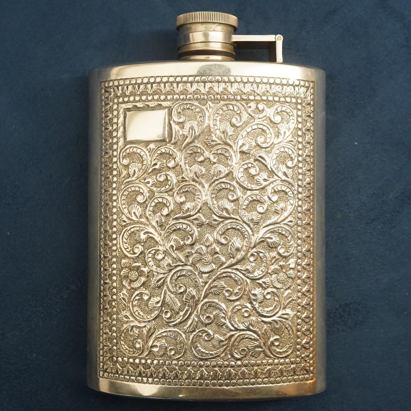 Vintage Embossed Sterling Silver Hip Flask, 196.8g - Free Shipping USA