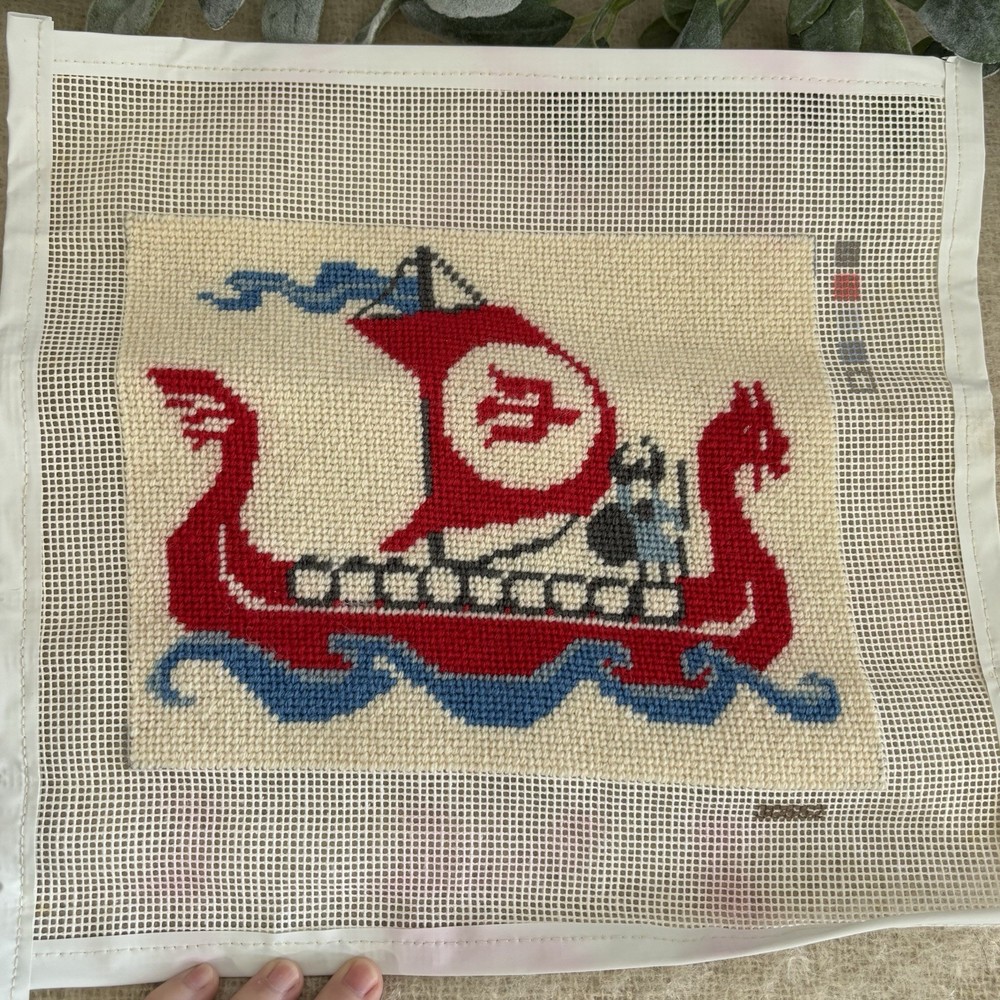 Completed Viking Stitchery Needlepoint Red White Blue Ready To Frame 8x10