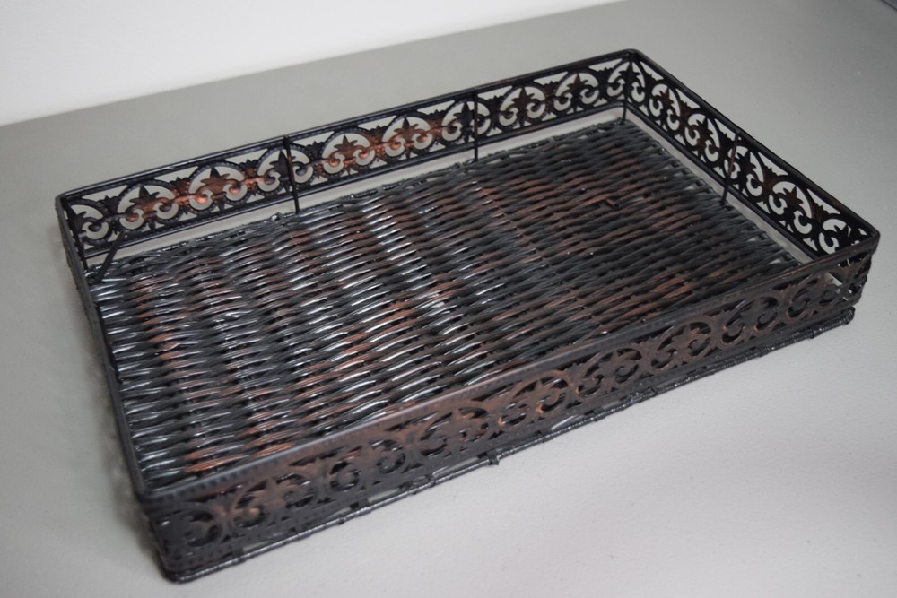 Wicker And Metal Serving Tray Fleur de Li Pattern