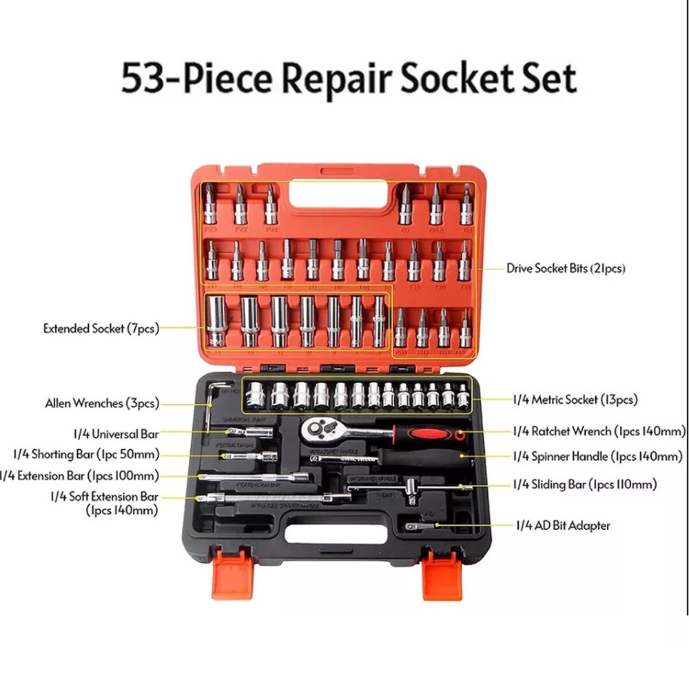 53 Pcs Socket Set 1/4" Drive Socket & Ratchet Set 6-Point SAE & Metric Tool Set