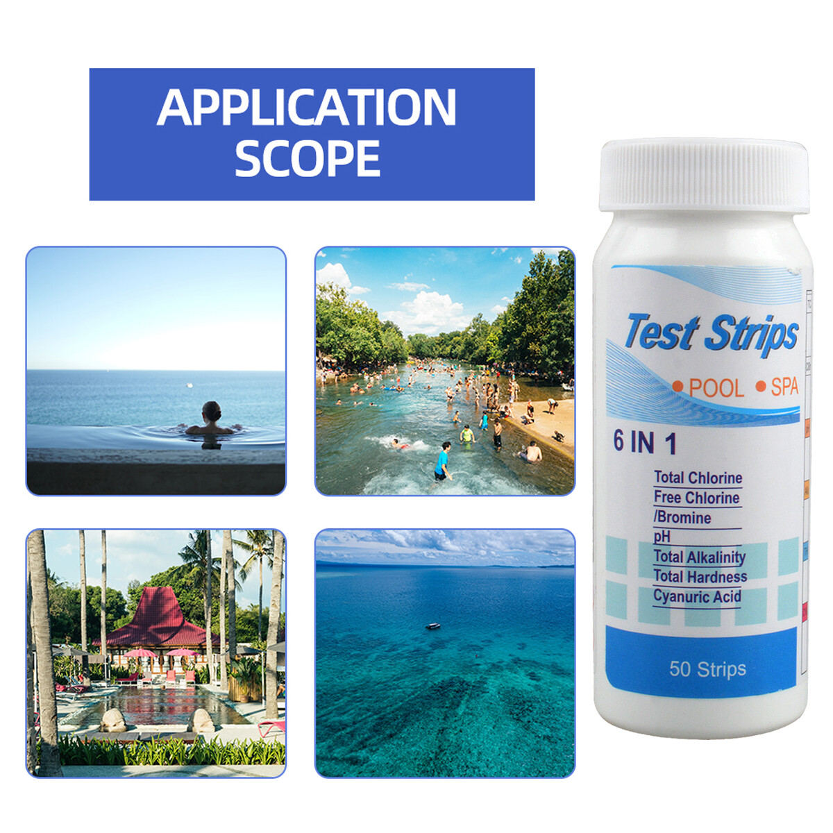 200PCS 6IN1 Chlorine Dip Test Strips Hot Tub SPA Swimming Pool PH Tester Paper