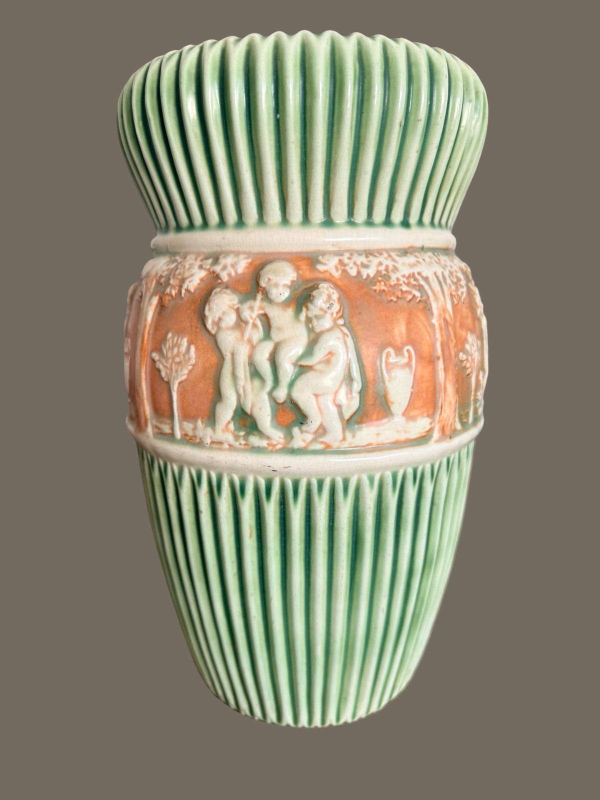 Large Antique Roseville Donatello Tall Vase Cherub Art Pottery Green 1916