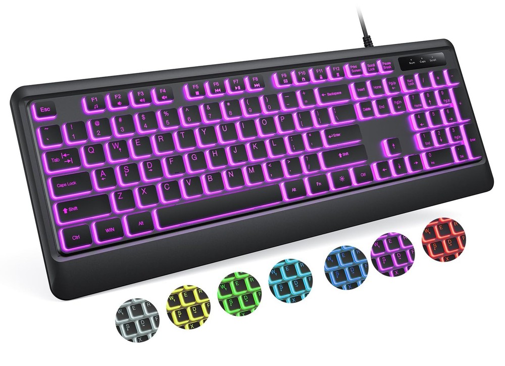 Backlit Computer Keyboards, Wired USB LED Keyboard with 7 Colors Backlight, P...
