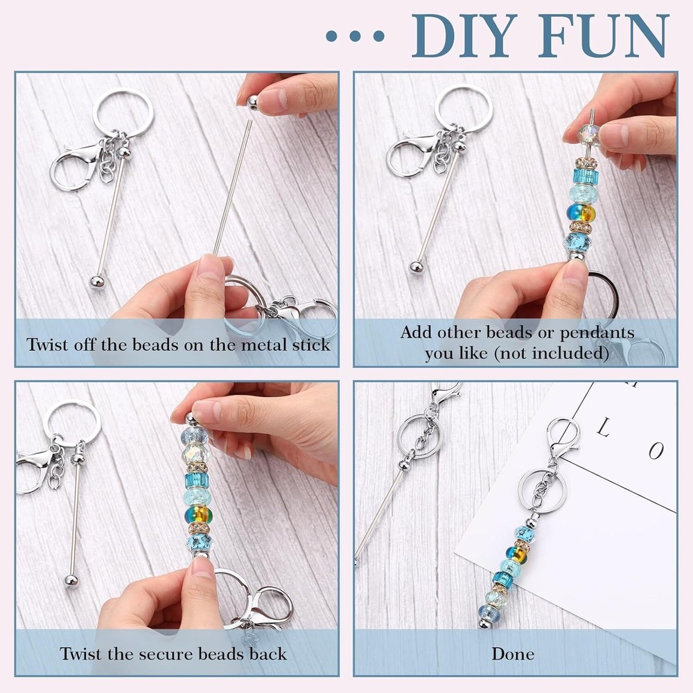 6 Pcs Beadable Keychain Bars Blanks Bead Metal Beaded Silver